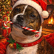 Sadie-Jo is registered to the contest to win money with this photo: dog, santa_hat, candy_cane, christmas_tree, fireplace, stockings, presents, holiday, festive, collar, bell, snow, warm_lighting, cozy, indoors, pet, brown_and_white, decorations, celebration, cute