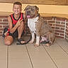 Aveiro a rejoint le concours — aidez-le/la à gagner de superbes lots ! american_bully, black_shorts, boy, brick, child, collar, dog, fireplace, indoors, kneeling, leash, peace_sign, pet, portrait, red_shirt, short_hair, sitting, smiling, tile_floor, wooden_wall