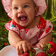 Valentina is registered to the contest to win money with this photo: baby, child, strawberry, hat, dress, smiling, happy, forest, fruit, nature, greenery, outdoor, plant, cute, infant, playful, hand, food, summer, garden