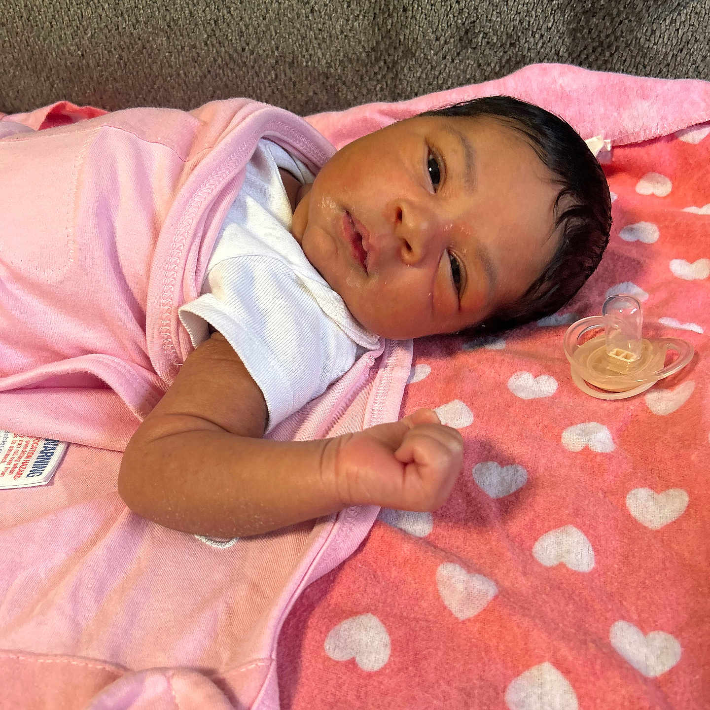 Keziah is registered to the contest to win money with this photo: baby, bed, blanket, bodypart, clothing, couch, cushion, face, finger, furniture, hand, head, homedecor, newborn, person, photography, portrait, quilt, sleeping, t_shirt