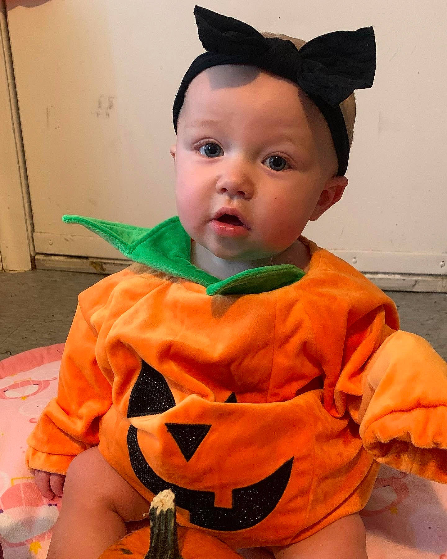 Adalynn joined the competition — help win amazing prizes! baby, baby_toddler_clothing, cheek, child, clothing, cool, costume, costume_hat, eye, fun, hair, hairstyle, happy, head, headwear, neck, orange, person, personal_protective_equipment, sleeve
