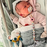 Ashley a rejoint le concours — aidez-le/la à gagner de superbes lots ! baby, newborn, pacifier, blanket, stuffed_animal, hospital_bassinet, sleeping, infant, clothing, pink, gray, toy, baby_mitten, bed, soft_toy, person, cute, lying_down, comfort, resting