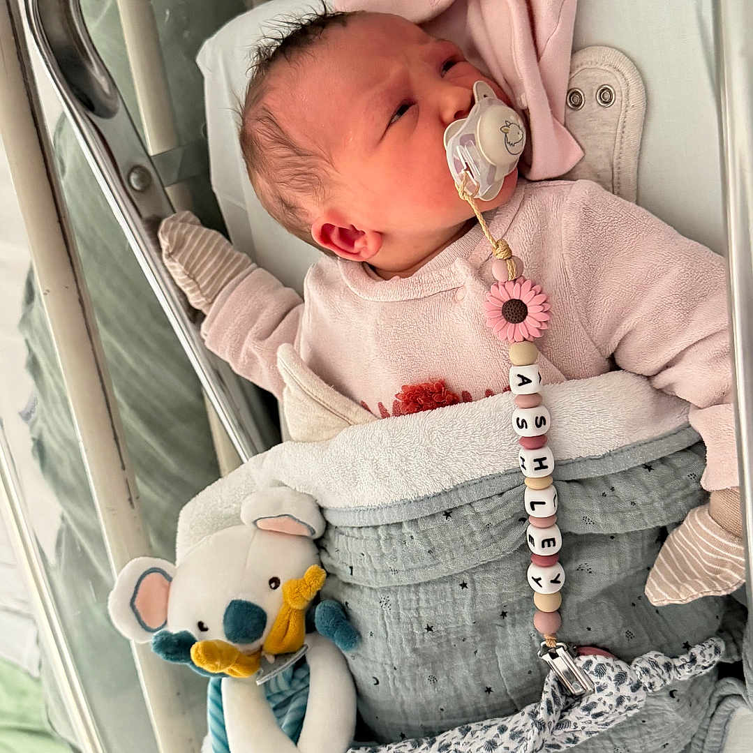 Ashley a rejoint le concours — aidez-le/la à gagner de superbes lots ! baby, newborn, pacifier, blanket, stuffed_animal, hospital_bassinet, sleeping, infant, clothing, pink, gray, toy, baby_mitten, bed, soft_toy, person, cute, lying_down, comfort, resting