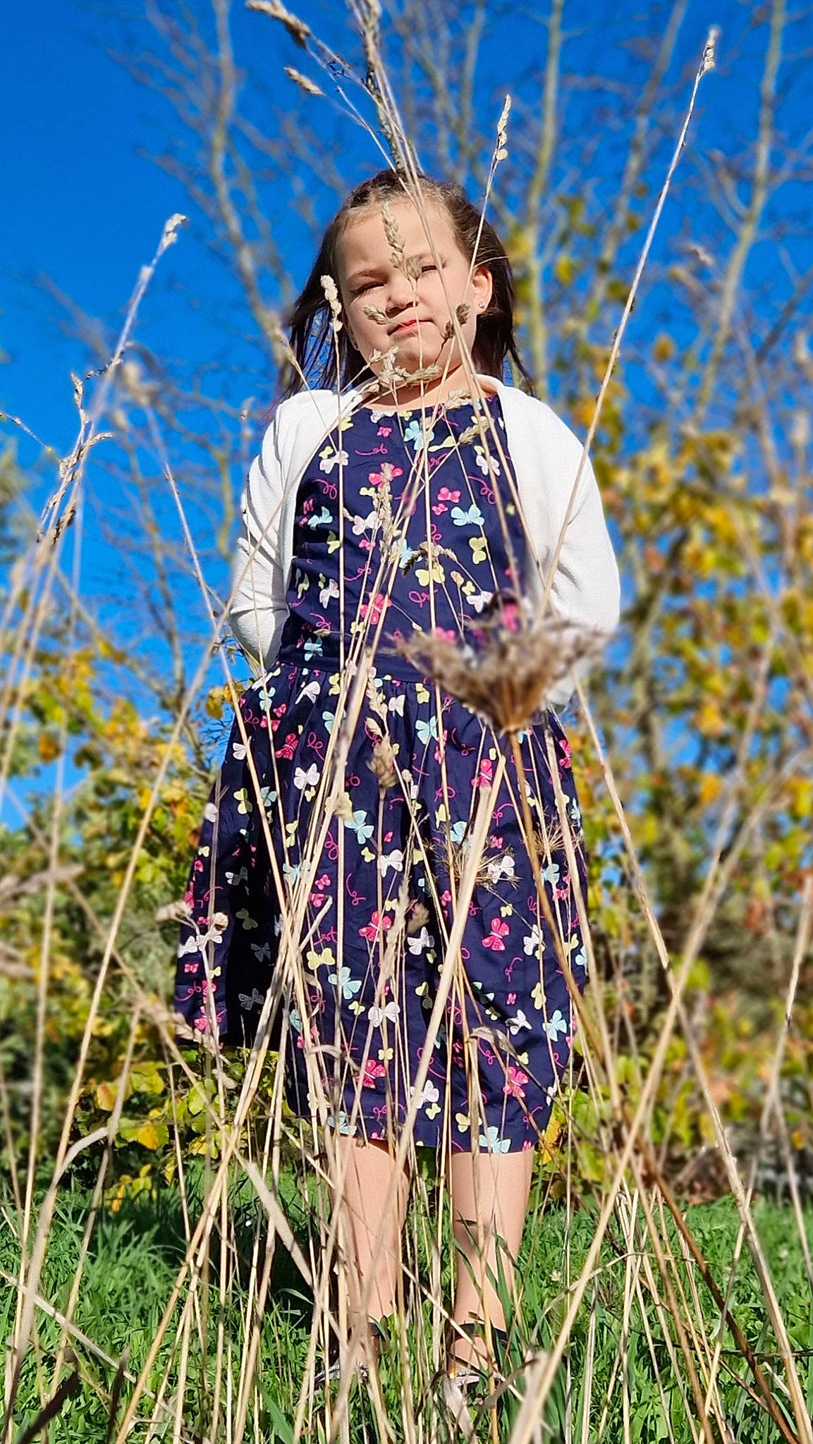 Camille participe au concours pour gagner de l'argent avec cette photo : day_dress, dress, electric_blue, event, eye, fun, grass, grass_family, grassland, hair, happy, head, one_piece_garment, people_in_nature, person, plant, prairie, sky, spring, toddler