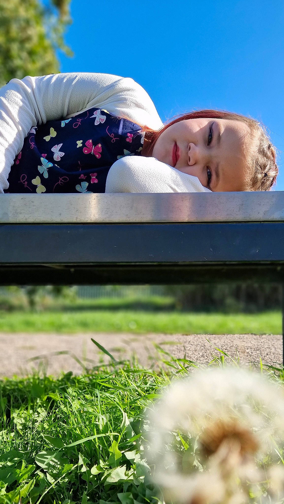 Camille participe au concours pour gagner de l'argent avec cette photo : bench, child, comfort, fashion_accessory, grass, grass_family, grassland, happy, landscape, leisure, light, meadow, outdoor_furniture, people_in_nature, person, plant, sky, spring, summer, toddler