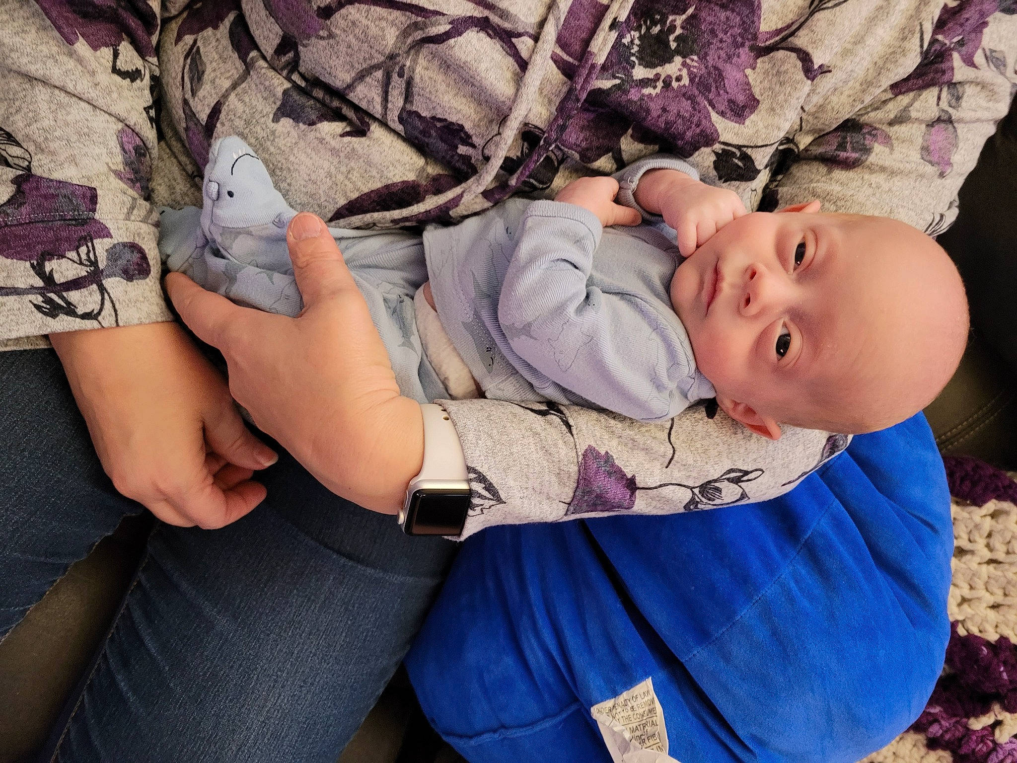 Theo joined the competition — help win amazing prizes! baby, baby_toddler_clothing, comfort, cool, electric_blue, finger, gesture, hand, human_body, human_leg, knee, leg, nail, pattern, person, purple, skin, thigh, toddler, tree