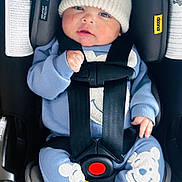 Ares is registered to the contest to win money with this photo: baby, child, car_seat, blue_outfit, pom_pom_hat, smiling_face, bear_patch, clothing, seat_belt, infant, cute, indoor, person, baby_clothes, headwear, sitting, safety_harness, small_hand, cozy, portrait