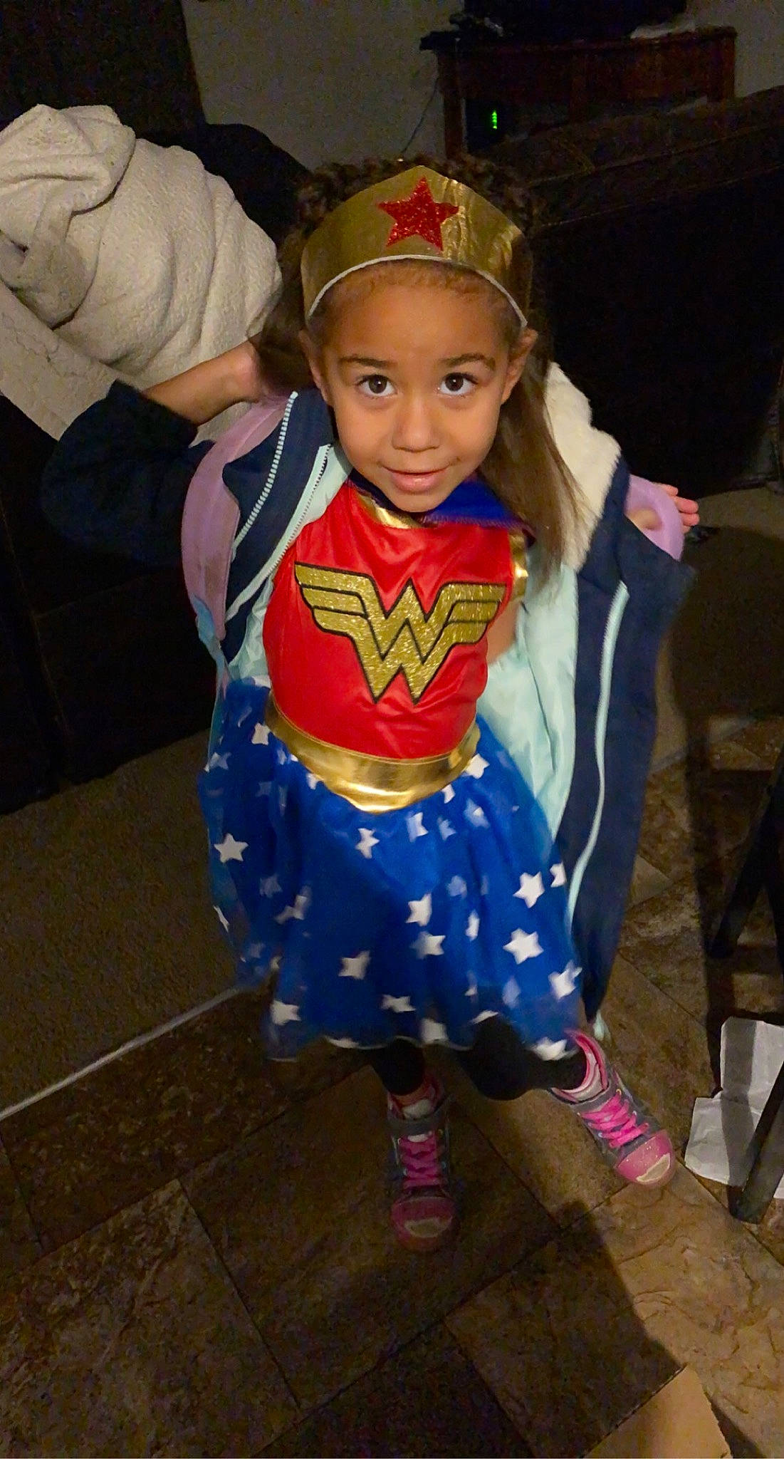 Kinley is registered to the contest to win money with this photo: chair, child, costume_design, electric_blue, event, fashion_accessory, fashion_design, fictional_character, fun, glove, headgear, headwear, jewellery, pattern, person, room, shoe, smile, sock, toddler