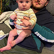 Andreas participe au concours pour gagner de l'argent avec cette photo : adult, baby, blanket, casual_clothing, close_up, couch, crown, cute, facial_hair, glasses, happy, holding, home, indoor, person, plant, portrait, seated, smile, striped_clothing