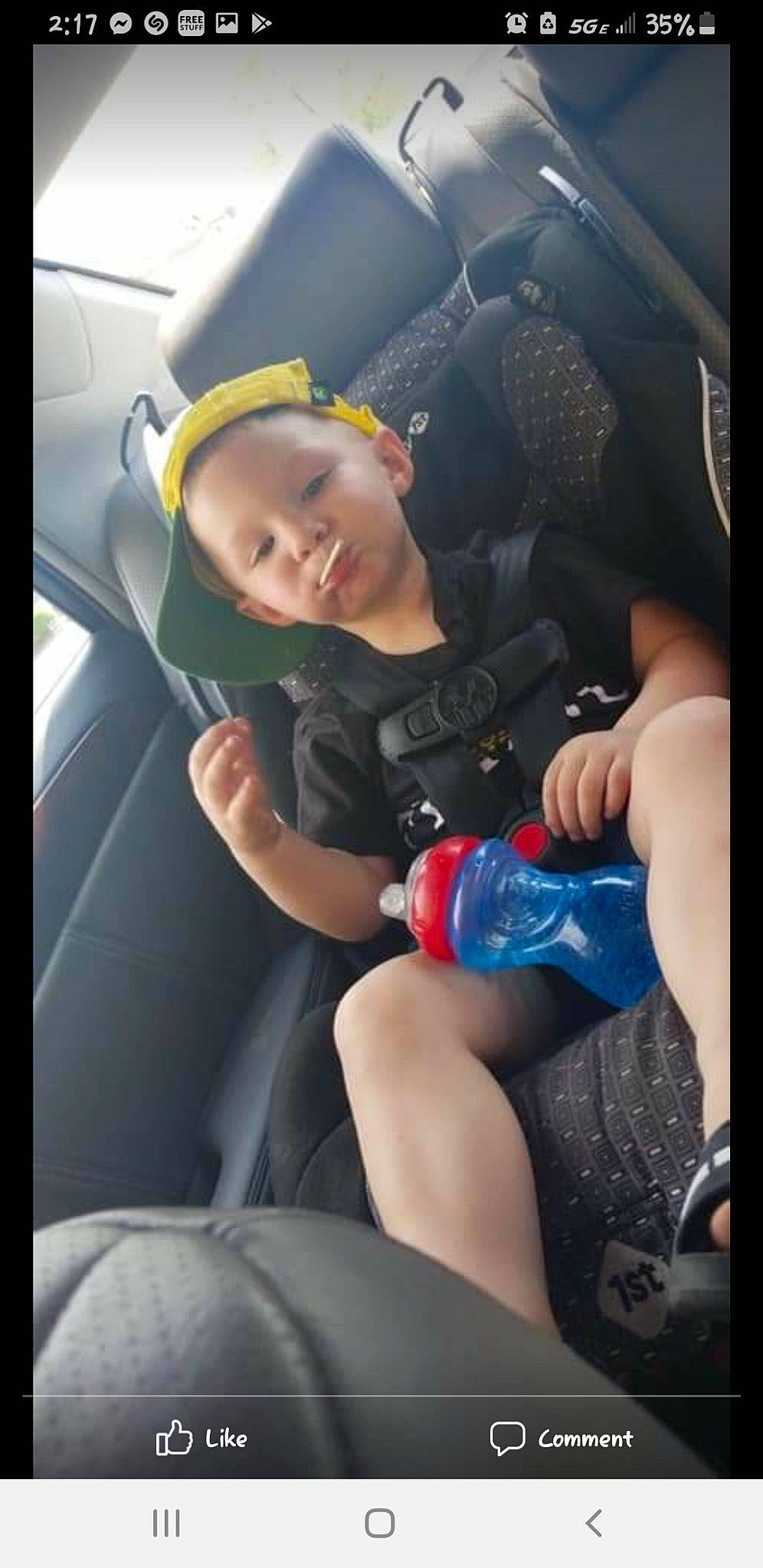 Quintin is registered to the contest to win money with this photo: auto_part, automotive_design, automotive_exterior, baby_in_car_seat, car, car_seat, car_seat_cover, comfort, cool, finger, head_restraint, mammal, motor_vehicle, person, seat_belt, smile, steering_part, steering_wheel, toddler, vehicle