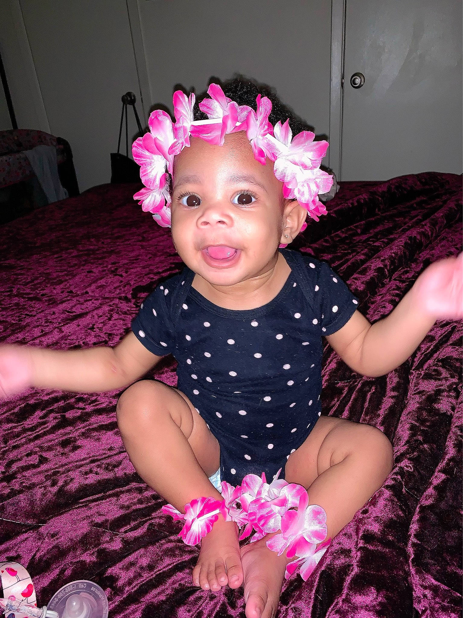 Kennedi joined the competition — help win amazing prizes! arm, baby_toddler_clothing, child, dress, finger, flash_photography, fun, hair_accessory, happy, hat, headband, headpiece, magenta, pattern, person, petal, pink, purple, textile, toddler