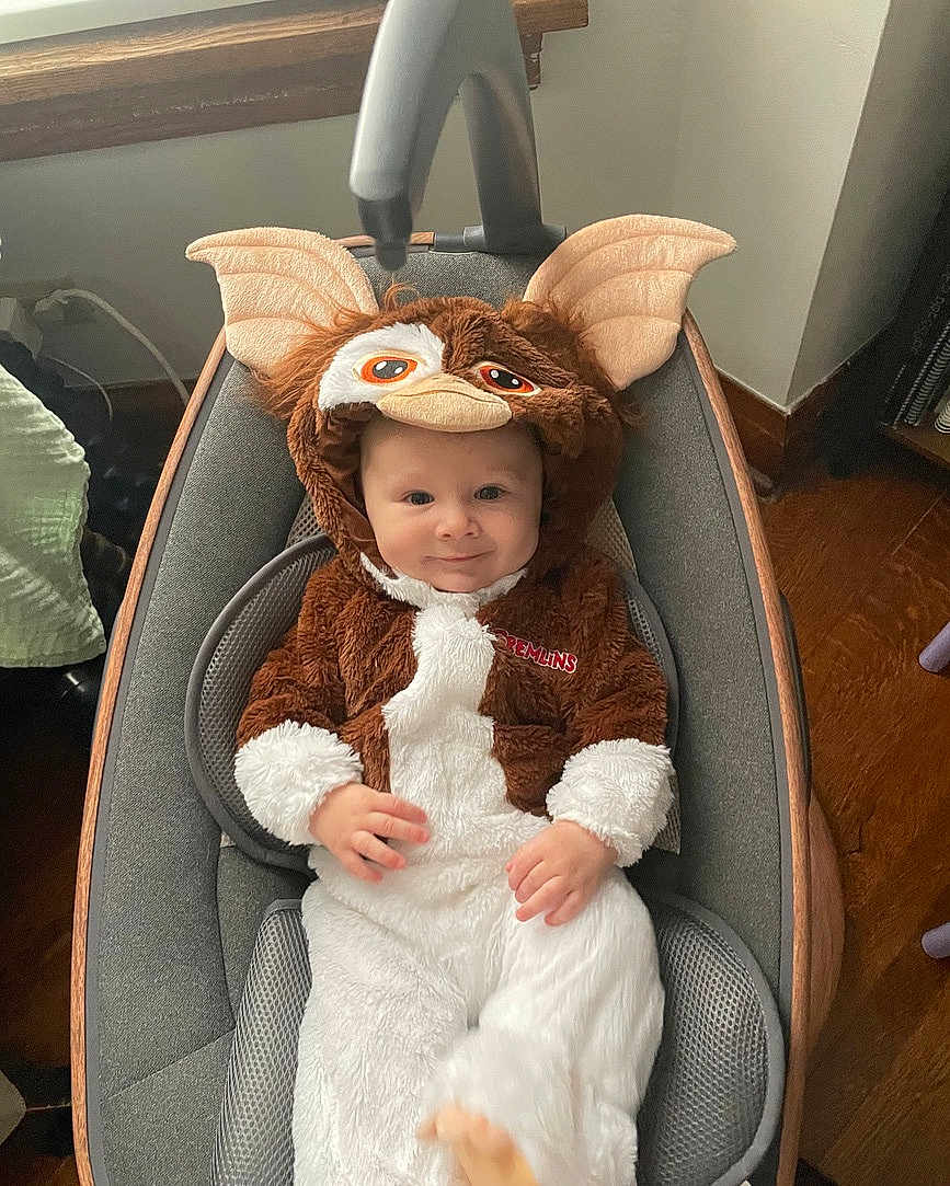 Reny joined the competition — help win amazing prizes! baby, infant, child, costume, gremlin_costume, plush, hood, big_ears, seat, infant_seat, smile, cute, indoor, portrait, brown_fur, white_fur, hands, cozy, wood_floor, eyes