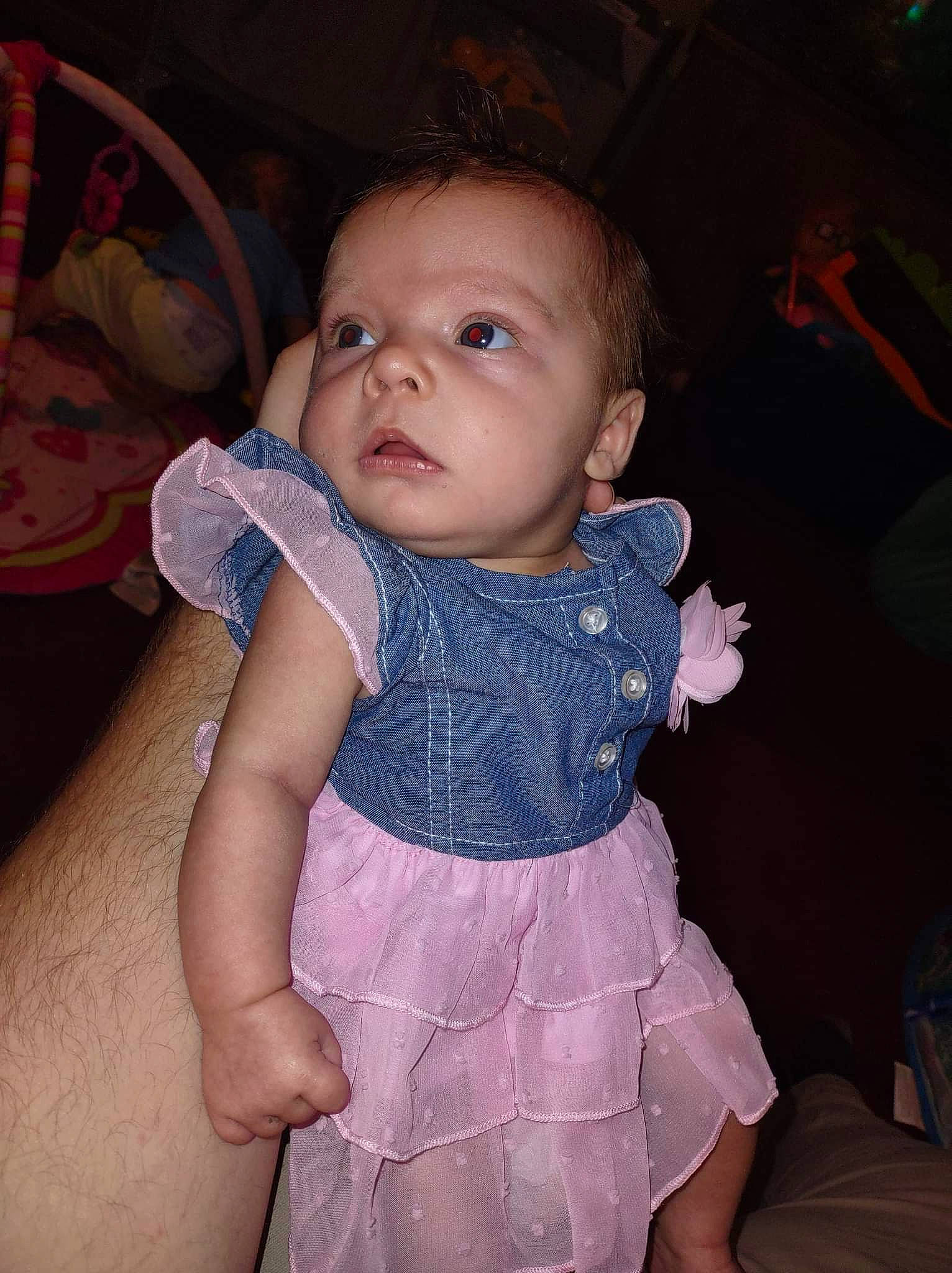 Addalynn is registered to the contest to win money with this photo: baby, baby_toddler_clothing, cheek, chin, day_dress, dress, eye, finger, gesture, iris, mouth, nose, one_piece_garment, person, pink, skin, sleeve, thumb, toddler, trunk