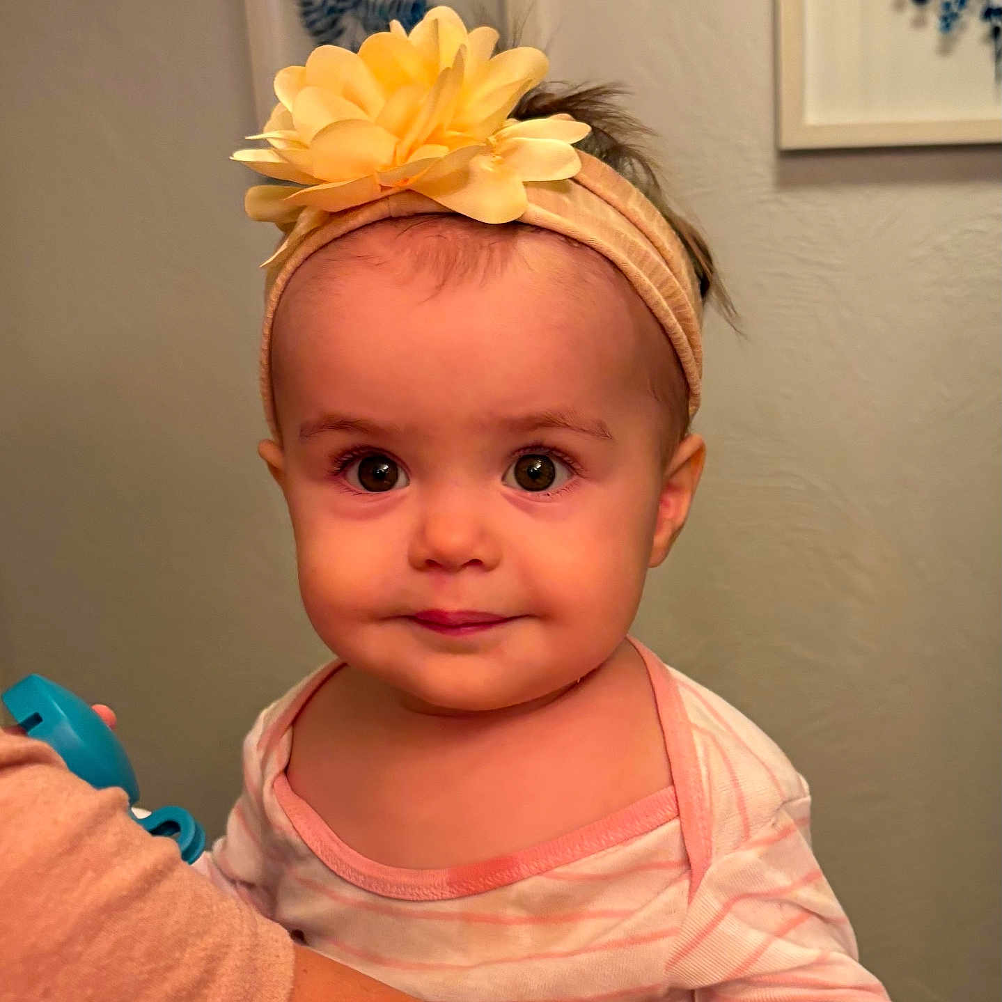 Chloe is registered to the contest to win money with this photo: baby, child, headband, flower, yellow, face, eyes, arm, clothing, striped, person, portrait, indoor, skin, hand, looking, cute, infant, wall_art, decor