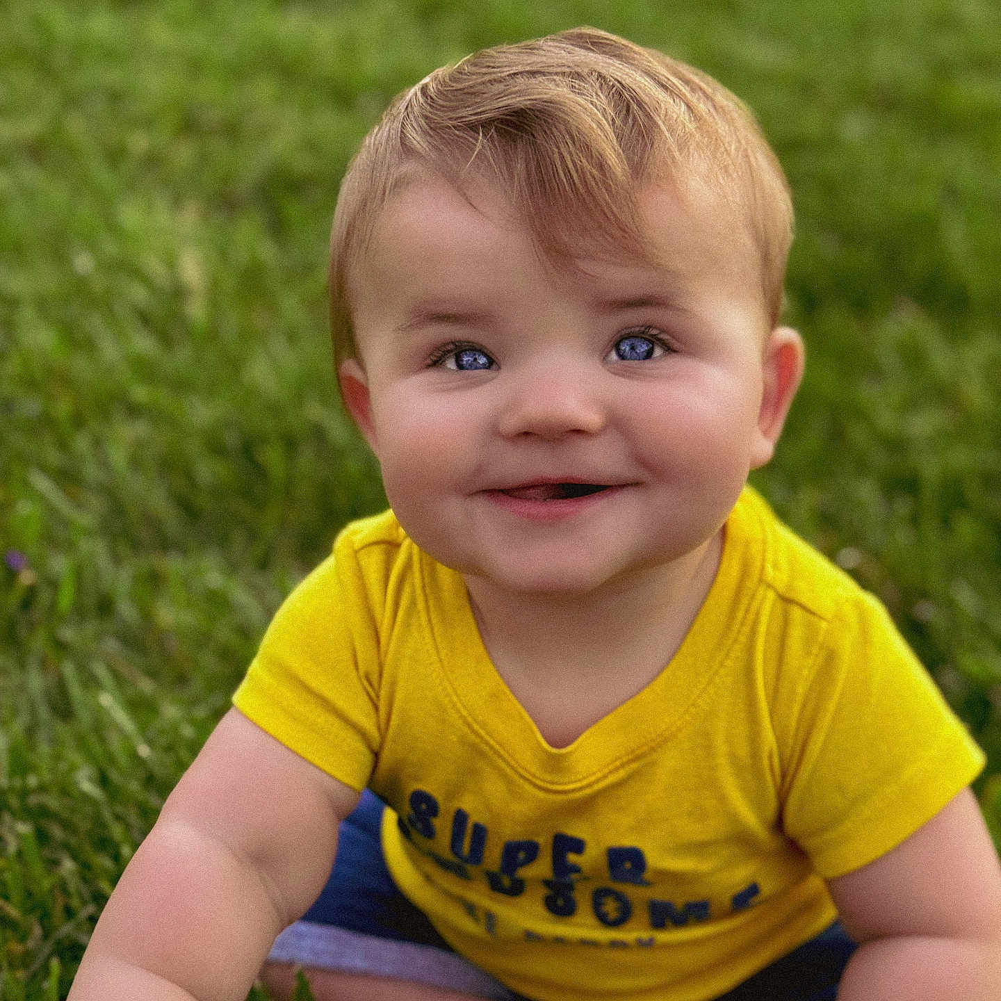 Case joined the competition — help win amazing prizes! baby, blonde, bodypart, clothing, crawling, face, finger, grass, hand, happy, head, lawn, person, photography, plant, portrait, shorts, sitting, smile, t_shirt