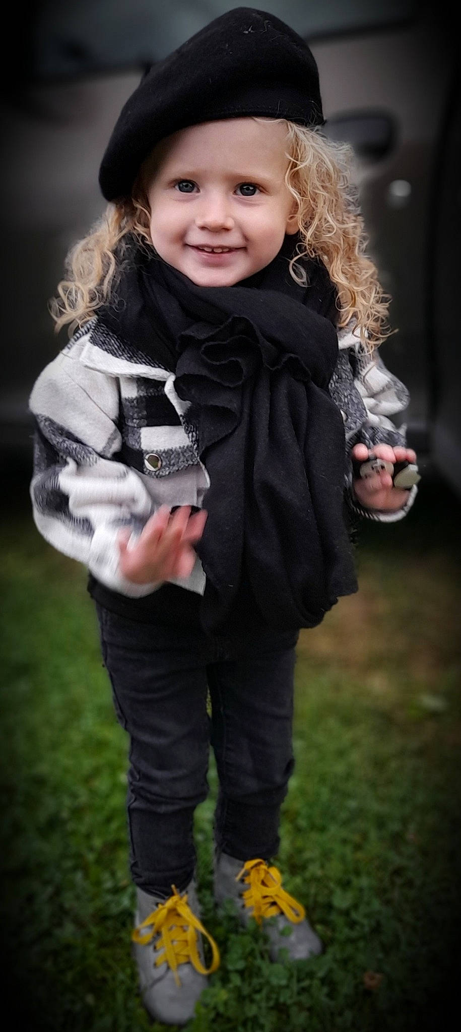 Cléophée participe au concours pour gagner de l'argent avec cette photo : baby, baby_toddler_clothing, child, flash_photography, formal_wear, fun, fur, gesture, grass, happy, headwear, joy, laugh, outerwear, person, photography, portrait_photography, sleeve, smile, toddler