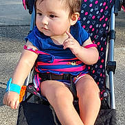 Lina is registered to the contest to win money with this photo: toddler, child, stroller, outdoor, park, sunlight, pigtails, blue_shirt, barefoot, curious, person, wheel, seat, playground, daylight, safety_strap, baby, foot, hand, expression