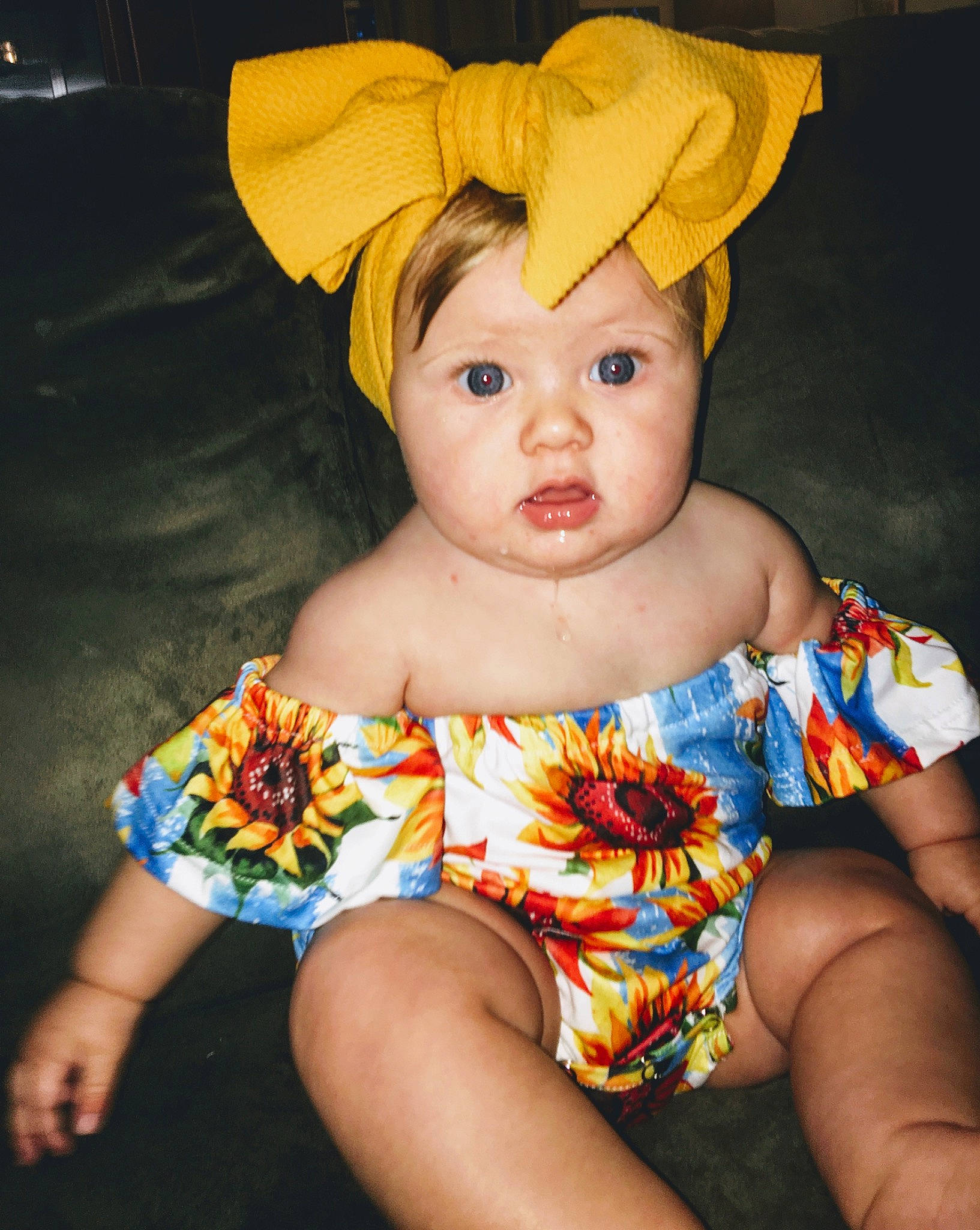 Caroline joined the competition — help win amazing prizes! baby, baby_toddler_clothing, child, costume, costume_accessory, costume_hat, eye, fashion_accessory, flower, hat, headgear, headwear, person, plant, smile, sun_hat, surprise, toddler, yellow