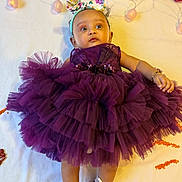 Saanvi is registered to the contest to win money with this photo: baby, child, purple_dress, headband, tutu, lying_down, blanket, flowers, fairy_lights, cute, infant, socks, bracelet, indoor, portrait, adorable, young_child, smiling, decor, celebration