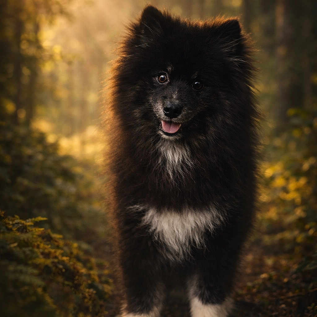 Aïko a rejoint le concours — aidez-le/la à gagner de superbes lots ! animal, background_blur, black_and_white, canine, daylight, dog, fluffy, forest, fur, happy, leaves, nature, outdoor, path, pet, smiling, sunlight, tree, walking, woods