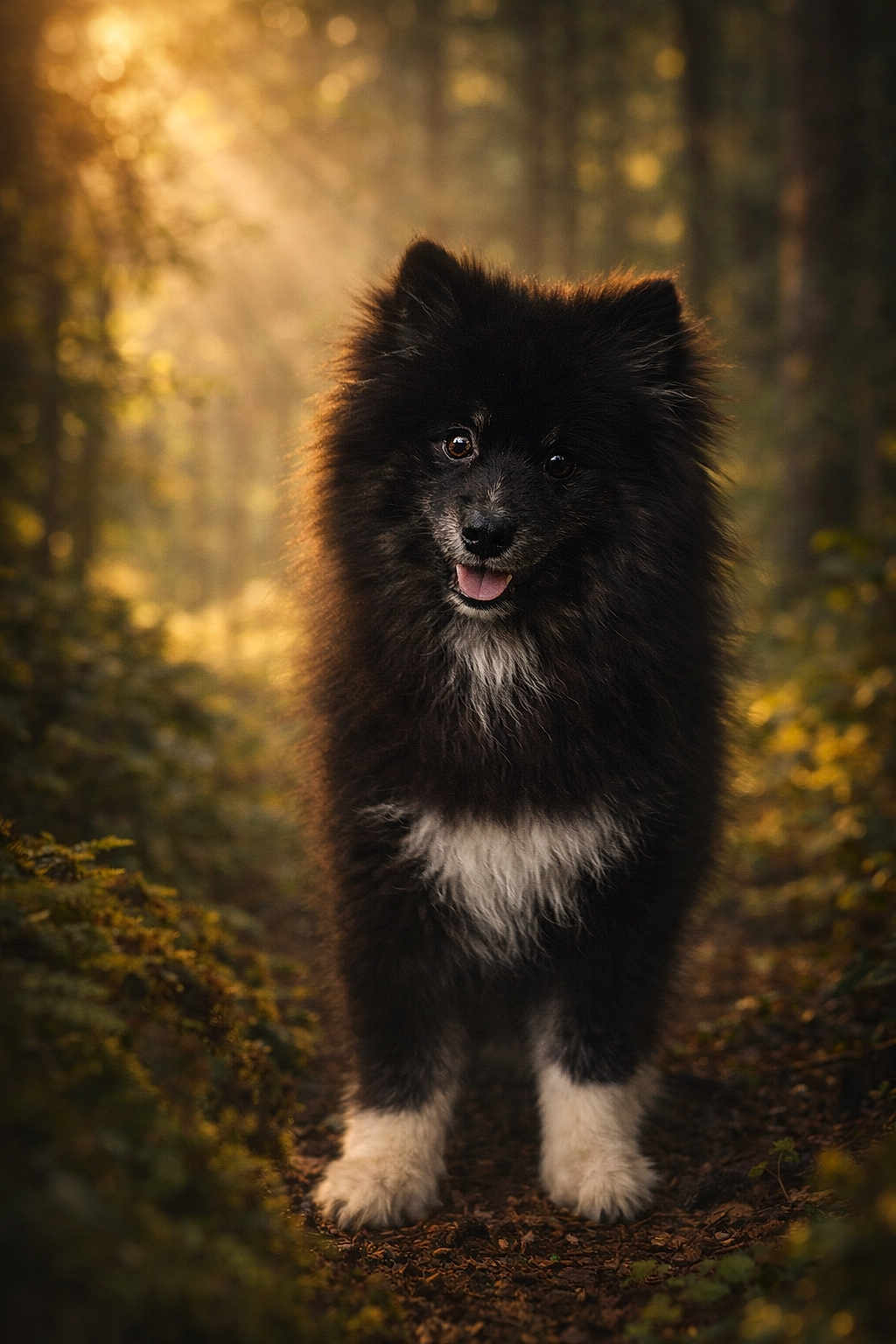 Aïko a rejoint le concours — aidez-le/la à gagner de superbes lots ! dog, forest, sunlight, nature, path, outdoor, animal, fluffy, black_and_white, happy, pet, canine, fur, tree, leaves, smiling, walking, daylight, background_blur, woods