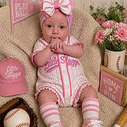Josie Clarie Dickey is registered to the contest to win money with this photo: baby, baseball, baseball_glove, blanket, bow, child, flowers, hat, indoor, infant, nursery, onesie, pink, portrait, sitting, smiling, sneakers, socks, sportswear