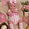 baby, baseball, baseball_glove, blanket, bow, child, flowers, hat, indoor, infant, nursery, onesie, pink, portrait, sitting, smiling, sneakers, socks, sportswear