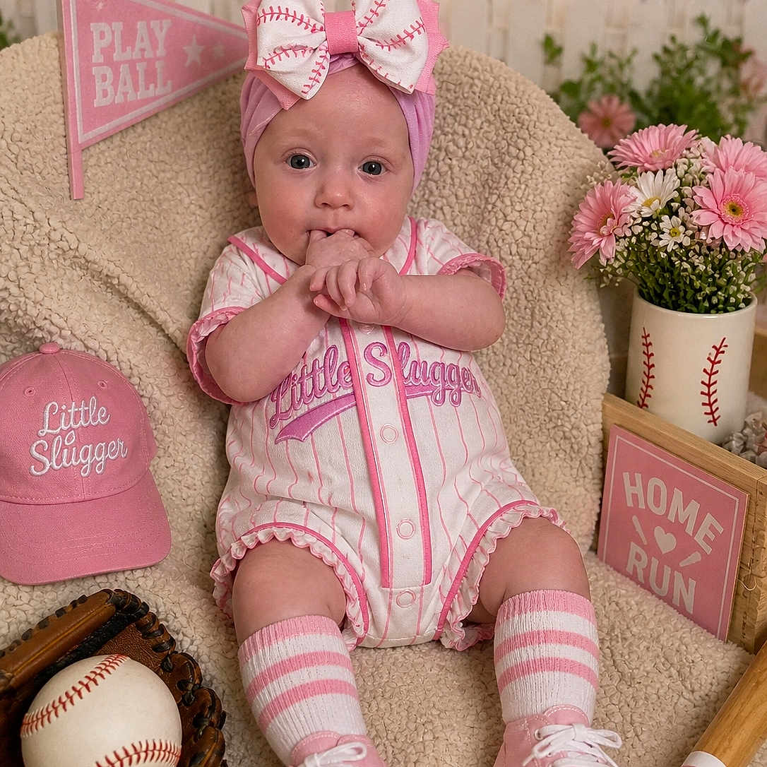 Josie Clarie Dickey is registered to the contest to win money with this photo: baby, baseball, baseball_glove, blanket, bow, child, flowers, hat, indoor, infant, nursery, onesie, pink, portrait, sitting, smiling, sneakers, socks, sportswear