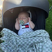 Oscar is registered to the contest to win money with this photo: baby, infant, car_seat, pacifier, blanket, sleeping, outdoor, grass, shade, clothing, newborn, child, resting, cute, peaceful, relaxing, portrait, head, small_hands, toddler