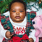 Lauren is registered to the contest to win money with this photo: baby, child, plaid_dress, red_bow, pink_plush_toy, holiday_lights, greenery, curly_hair, festive_clothing, close_up, indoor, cute, portrait, infant, christmas_theme, holiday_season, adorable, smiling, young_child, celebration