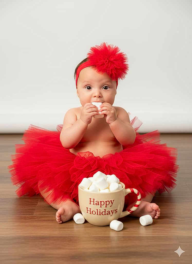 Claudia is registered to the contest to win money with this photo: accessory, baby, celebration, child, cup, cute, festive, floor, food, headwear, holiday, holiday_season, indoor, marshmallows, portrait, red_headband, sitting, smiling, toddler, tutu