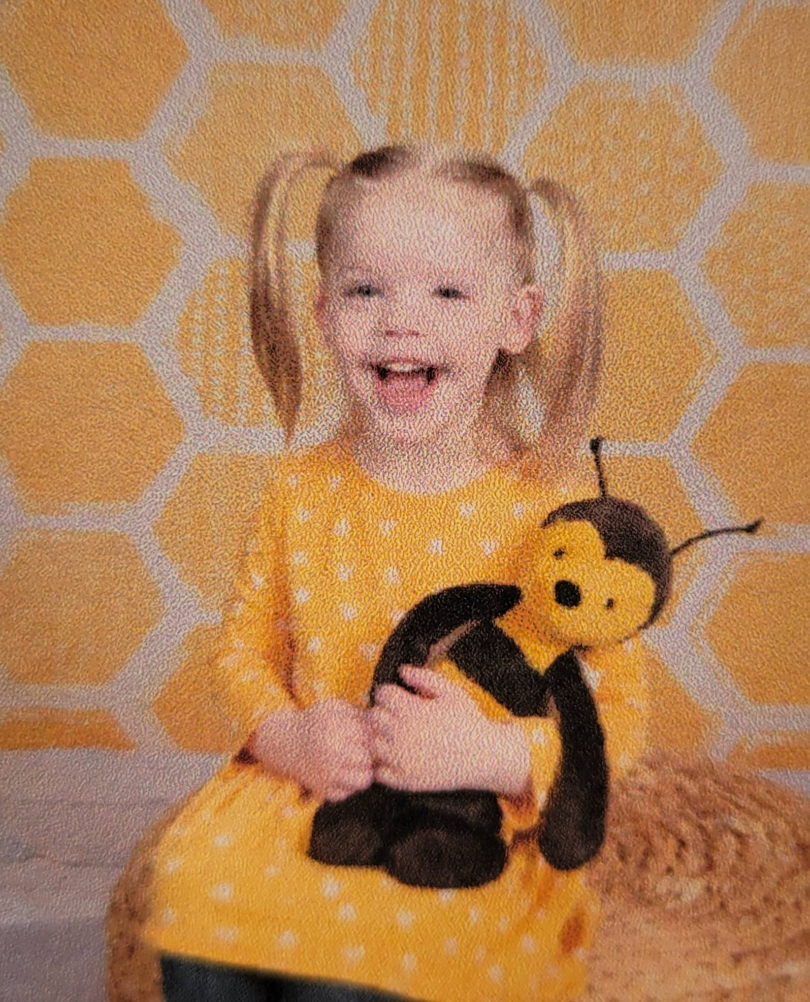 Viviana is registered to the contest to win money with this photo: art, baby, baby_products, baby_toddler_clothing, child, circle, doll, fawn, happy, joy, linens, pattern, person, plush, sitting, sleeve, smile, stuffed_toy, teddy_bear, toddler