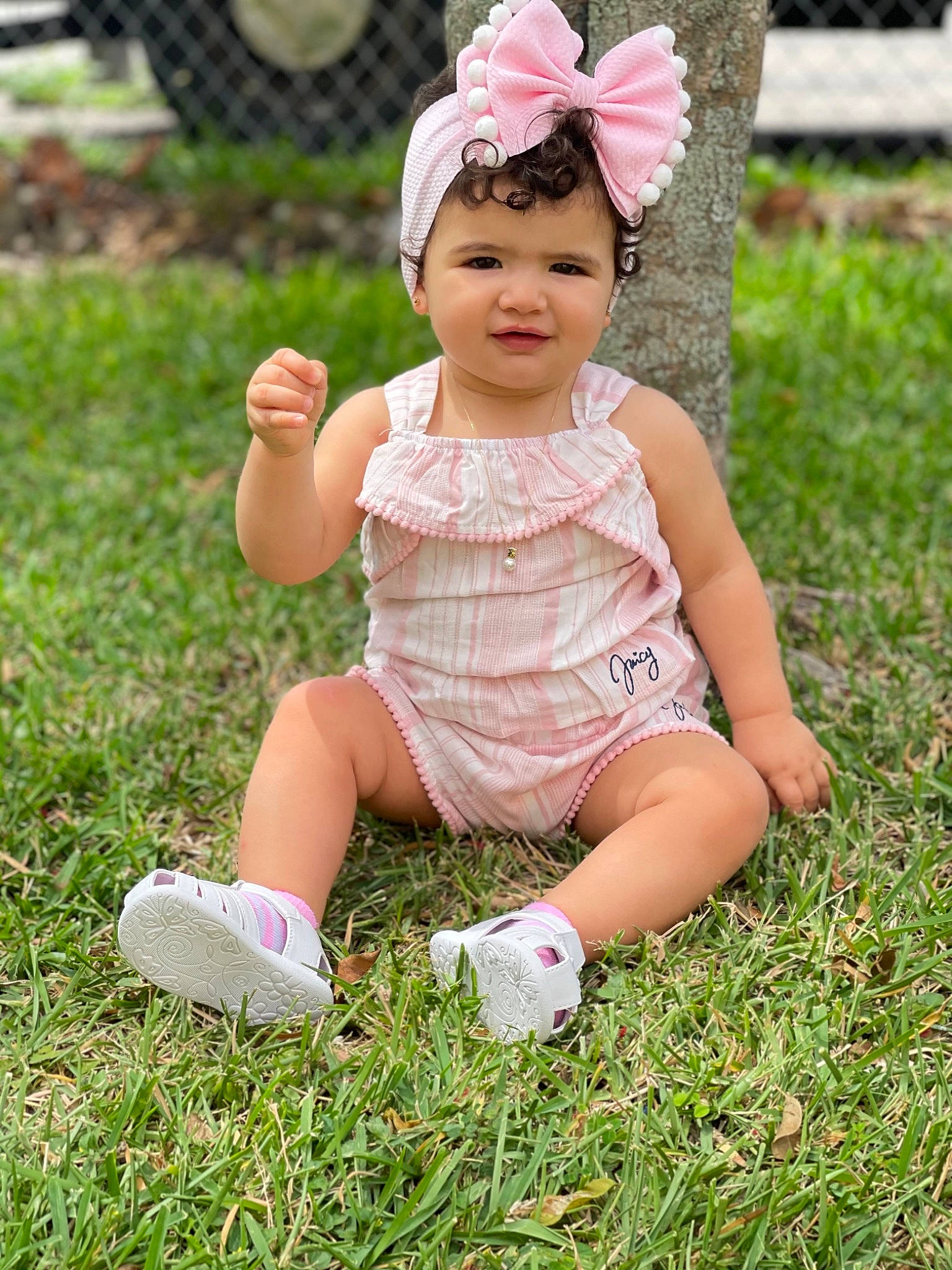 Gaby is registered to the contest to win money with this photo: baby, baby_toddler_clothing, child, dress, fun, grass, grass_family, happy, hat, headgear, headpiece, human_body, joy, lawn, meadow, people_in_nature, person, pink, plant, skin