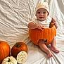 baby, pumpkin, hat, smile, white_background, first_halloween, orange_pumpkin, white_pumpkin, child, cute, sitting, celebration, holiday, festive, autumn, portrait, indoors, happy, person, costume