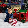 Oshea is registered to the contest to win money with this photo: toddler, child, pajamas, christmas, holiday, present, gift, toy_train, snow, decorations, red, green, indoor, festive, cute, small_child, winter, celebration, smiling, cozy