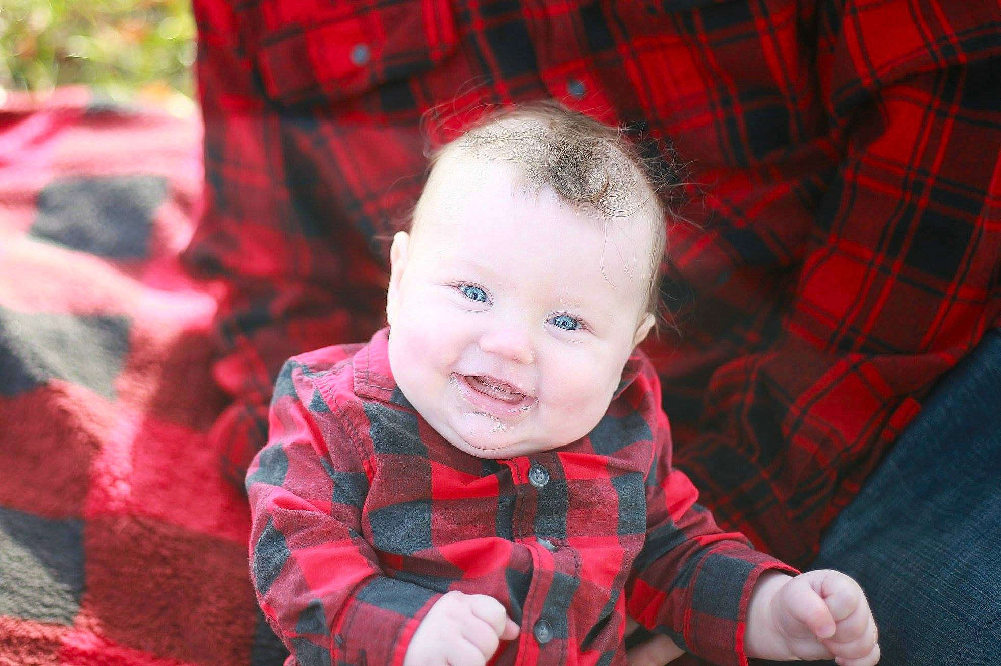 Brice is registered to the contest to win money with this photo: boy, cheek, child, emotion, eye, face, facial_expression, fun, head, human, infant, joy, nose, organ, people, person, photography, plaid, red, skin