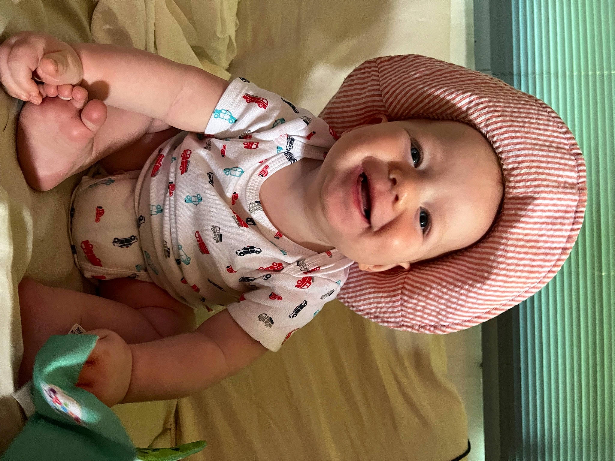 Bjorn is registered to the contest to win money with this photo: baby, baby_toddler_clothing, cheek, child, facial_expression, finger, green, happy, head, human_body, joy, lip, mouth, nose, pattern, person, product, skin, sleeve, smile