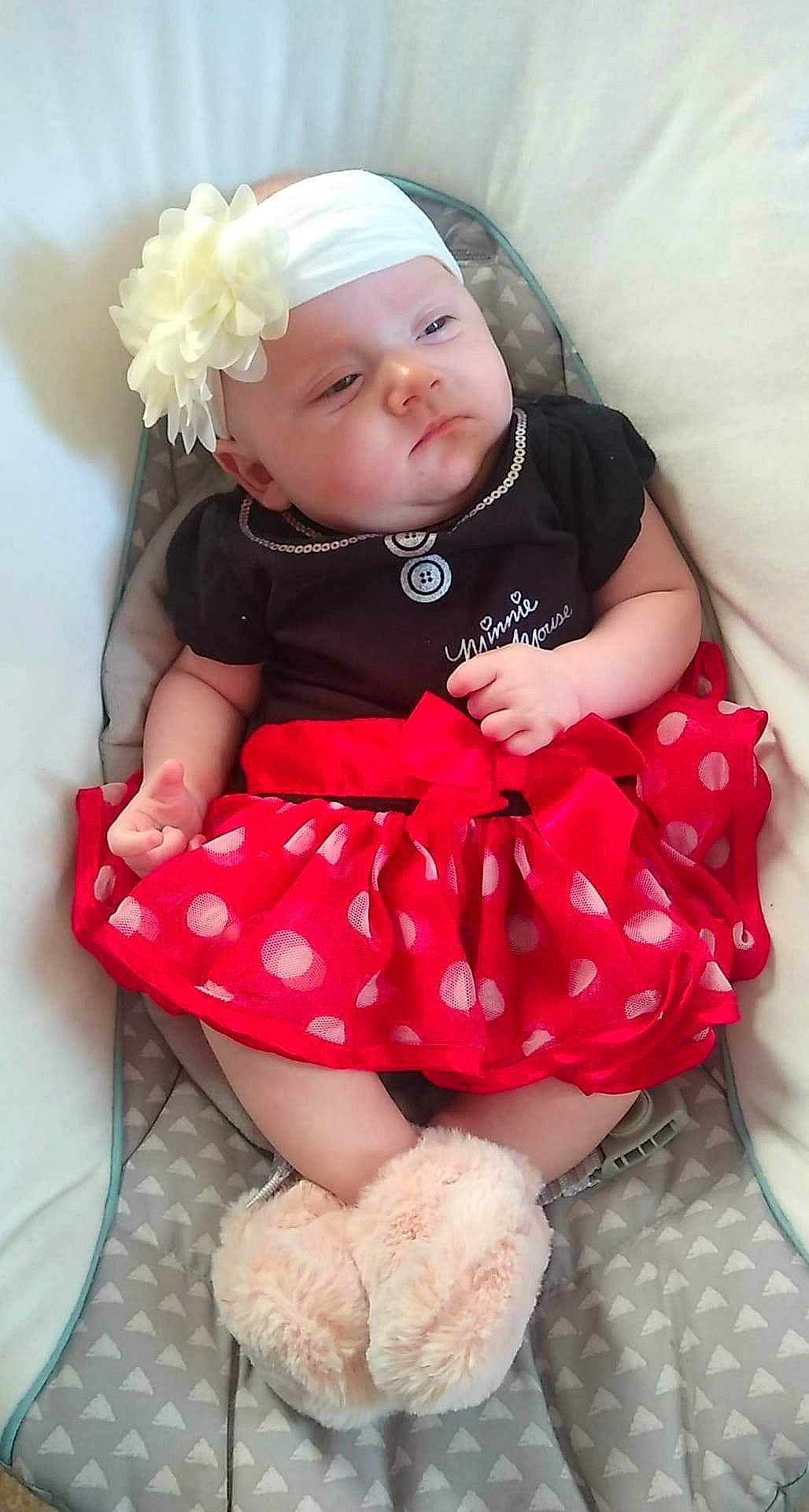 Kelsea is registered to the contest to win money with this photo: baby, baby_toddler_clothing, cheek, child, day_dress, dress, eye, face, hand, hat, headwear, human_leg, pattern, person, pink, skin, sleeve, sock, textile, thigh