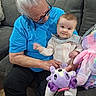 baby, elderly_person, blue_shirt, glasses, gray_couch, plush_toy, purple_toy, colorful_toy, smile, indoor, person, seated, happy, family, cute, child, hand_holding, cozy, casual_clothing, wooden_floor
