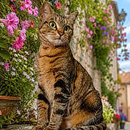 Ray participe au concours pour gagner de l'argent avec cette photo : cat, tabby, animal, pet, flower, pink_flower, purple_flower, greenery, stone_wall, stone_ledge, outdoor, daylight, nature, garden, street, village, fur, sitting, whiskers, cute