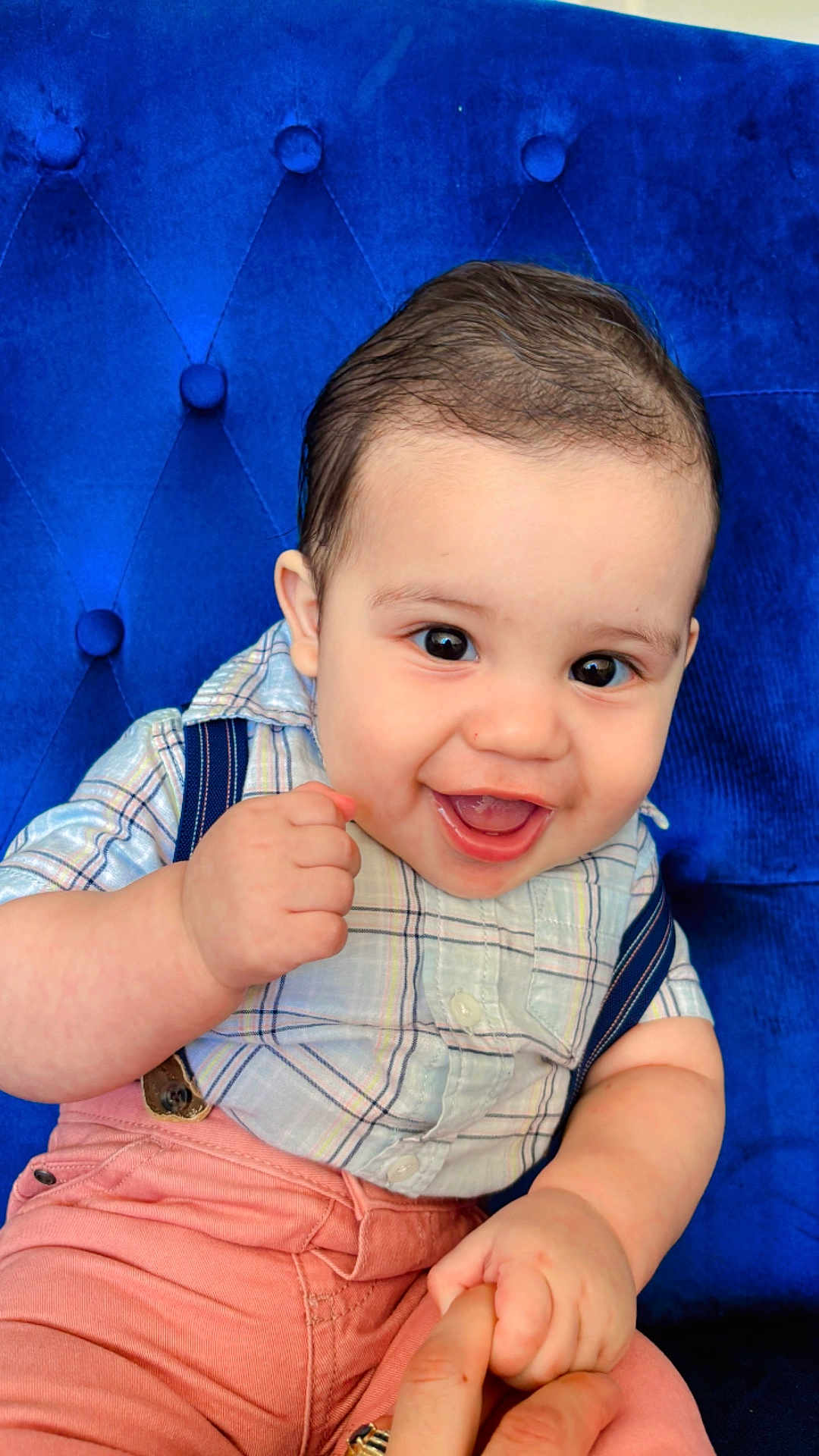 Victor joined the competition — help win amazing prizes! baby, child, smiling, happy, plaid_shirt, pink_pants, suspenders, blue_chair, cushioned_chair, hand_holding, indoor, portrait, cute, infant, person, face, eyes, mouth, skin, clothing