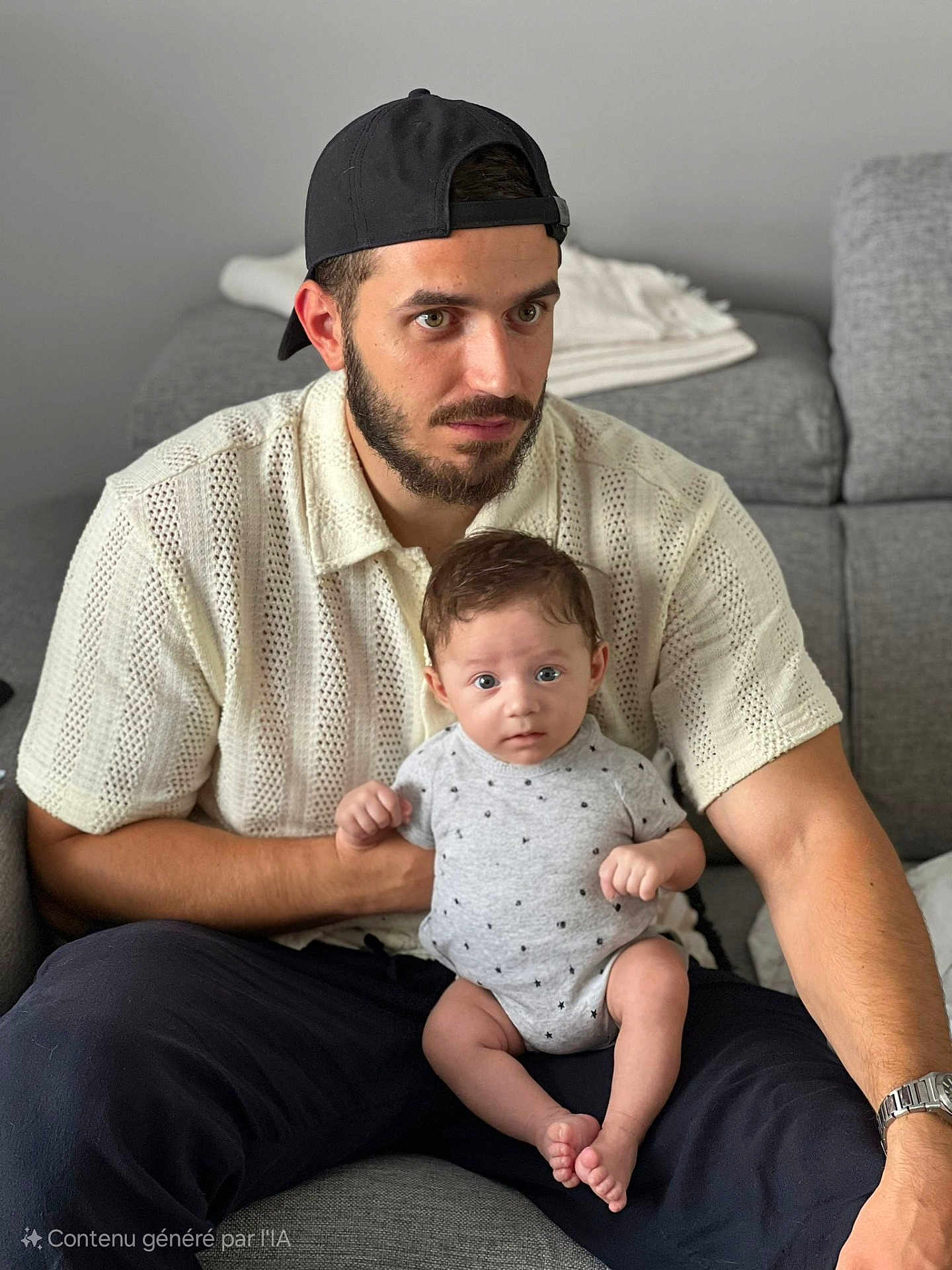 Raphaël participe au concours pour gagner de l'argent avec cette photo : man, baby, child, person, indoor, couch, seated, cap, beard, knit_shirt, onesie, curious, holding, living_room, watching, casual, home, furniture, relaxed, portrait