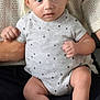Raphaël a rejoint le concours — aidez-le/la à gagner de superbes lots ! baby, infant, child, onesie, stars_pattern, sitting, adult_hand, knit_sweater, curious_eyes, indoor, couch, legs, feet, skin, portrait, person, closeup, cute, soft_lighting, casual_clothing