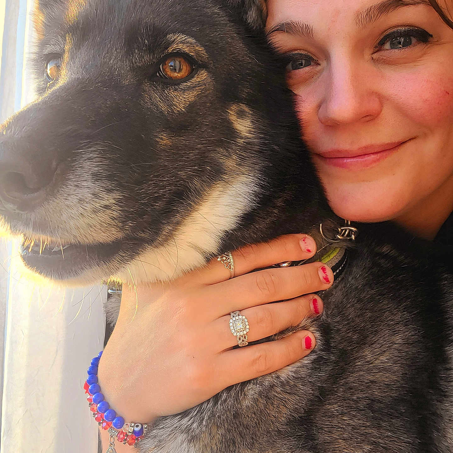 Leela joined the competition — help win amazing prizes! accessories, animal, bodypart, bracelet, canine, diamond, dog, face, finger, gemstone, germanshepherd, hand, head, husky, jewelry, person, pet, photography, portrait, ring