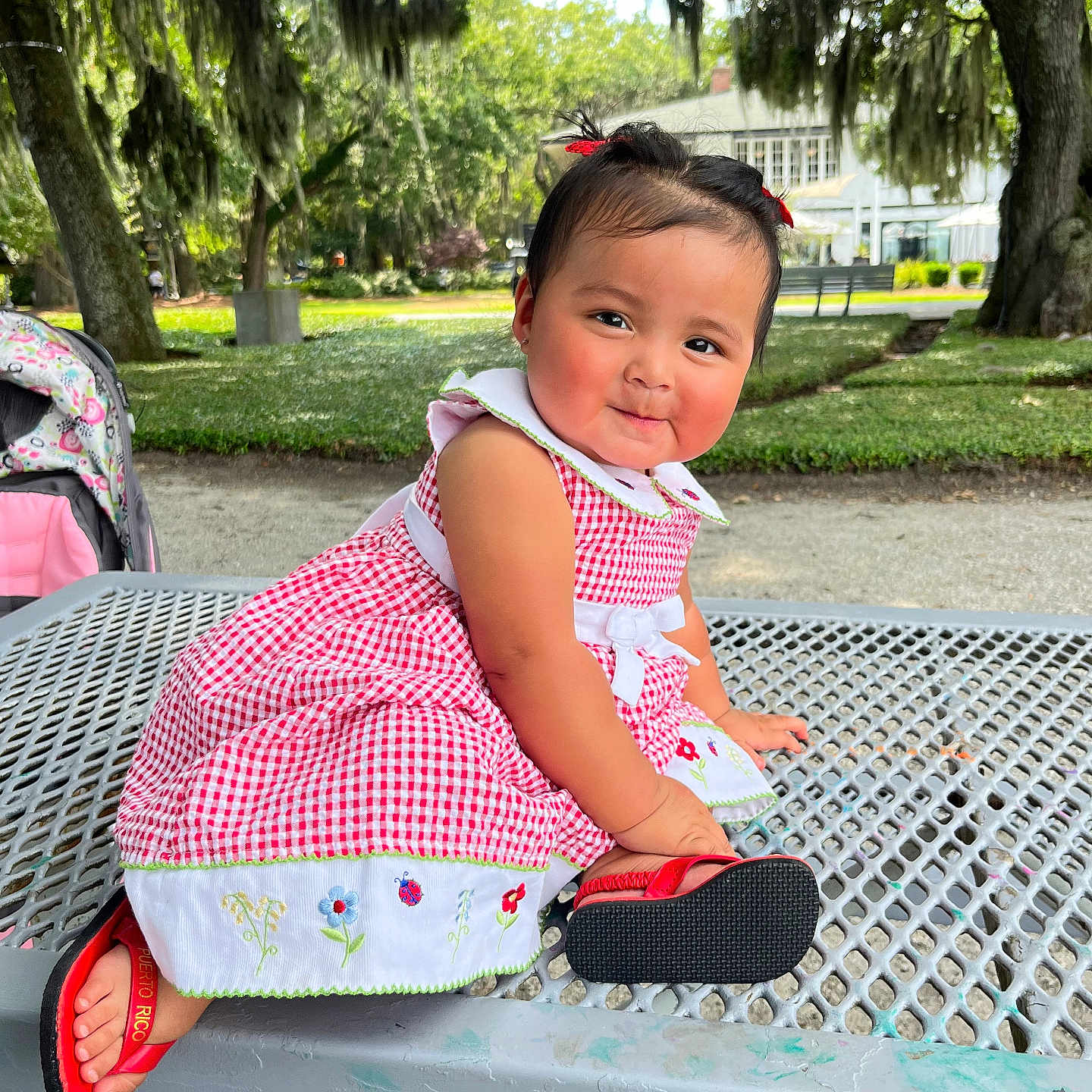 Mia joined the competition — help win amazing prizes! baby, bench, clothing, dress, face, footwear, furniture, grass, head, nature, outdoors, park, person, photography, plant, portrait, sitting, summer, tree, vegetation