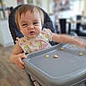 baby, blurred_background, child, clothing, crumbs, cute, expression, feeding_time, hand, highchair, indoor, kitchen, one_child, patterned_dress, portrait, scrunched_face, seat, toddler, tray, wooden_floor