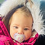 Maddy a rejoint le concours — aidez-le/la à gagner de superbes lots ! adorable, baby, bundle, child, close_up, cute, expression, face, fur_hood, hood, infant, jacket, outdoor, pacifier, pink, portrait, soft, warm, winter_clothing, young_child