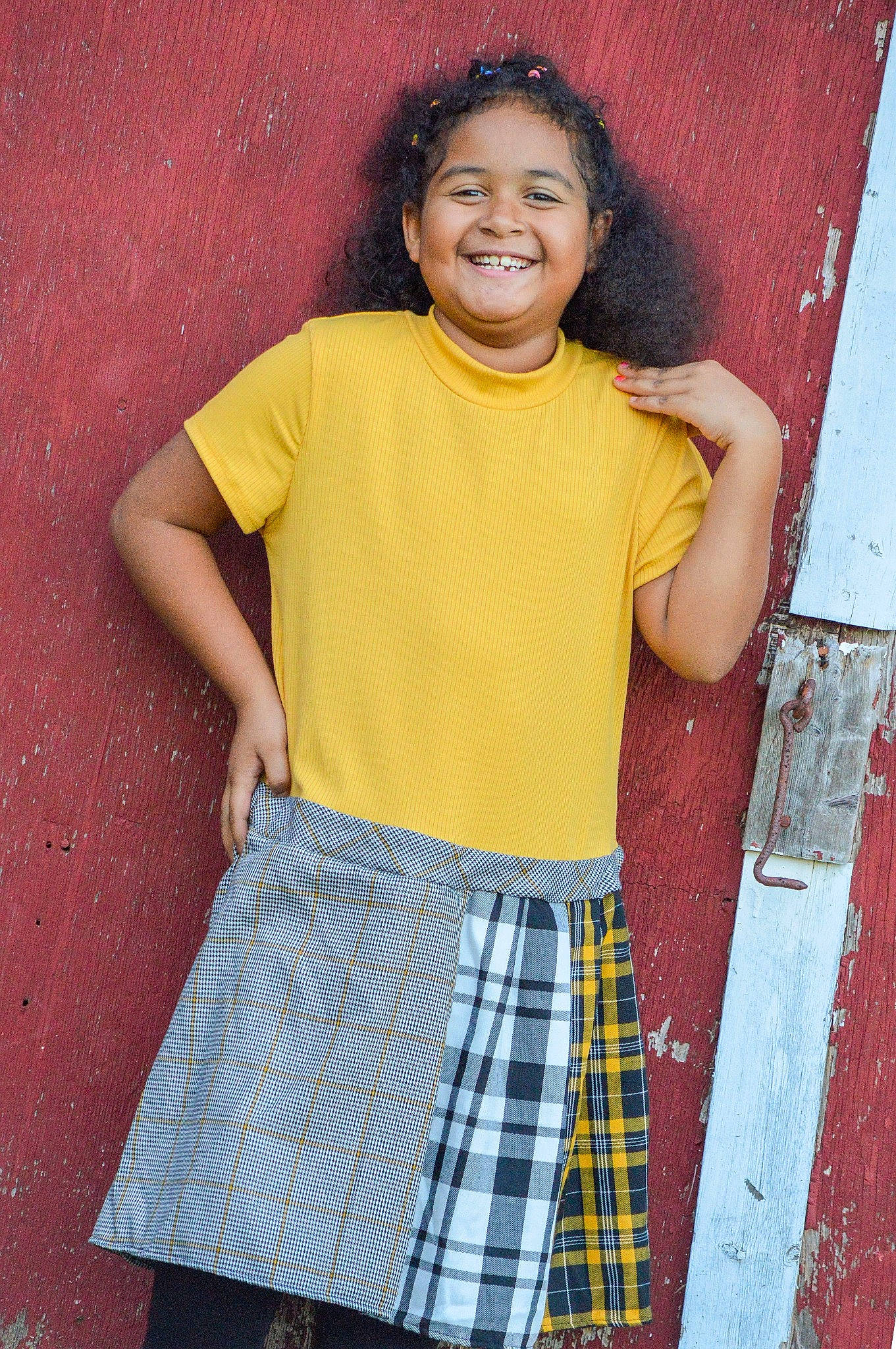 Addisyn joined the competition — help win amazing prizes! child, clothing, dress, fashion, joy, neck, pattern, person, plaid, smile, style, t_shirt, textile, top, yellow