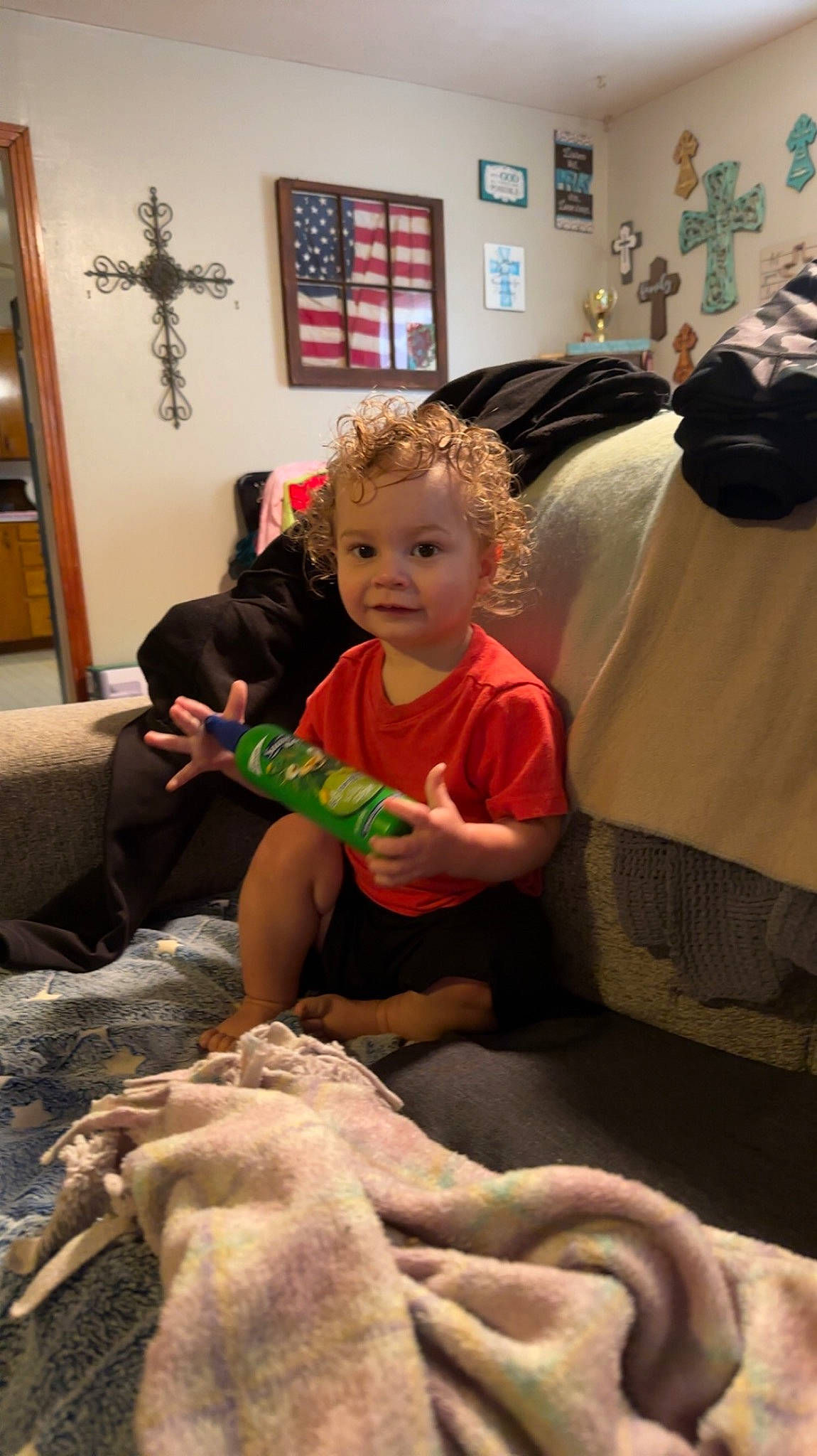 Sylas joined the competition — help win amazing prizes! baby, child, comfort, companion_dog, cross, dog, dog_breed, event, flooring, fun, living_room, people, person, picture_frame, play, room, sitting, stuffed_toy, t_shirt, toddler