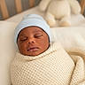 newborn, baby, sleeping, blanket, hat, plush_toy, lamb, nursery, soft_texture, infant, child, cozy, wrapped, cute, peaceful, indoors, portrait, bed, resting, young